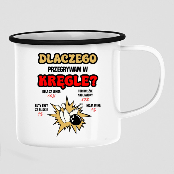 Dlaczego przegrywam w kręgle? - kubek emaliowany z nadrukiem