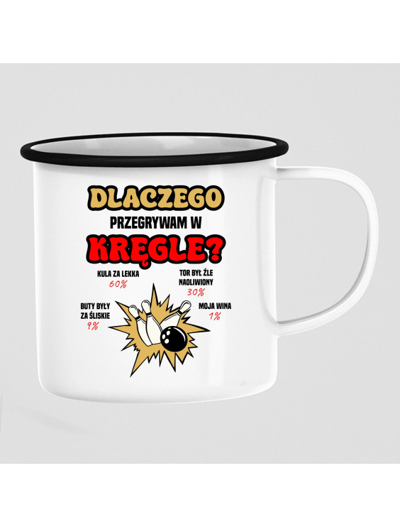 Dlaczego przegrywam w kręgle? - kubek emaliowany z nadrukiem
