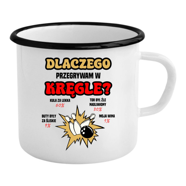 Dlaczego przegrywam w kręgle? - kubek emaliowany z nadrukiem