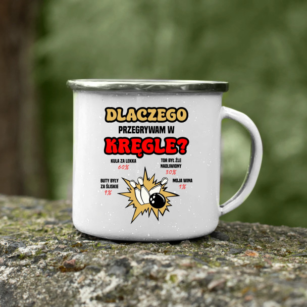 Dlaczego przegrywam w kręgle? - kubek emaliowany z nadrukiem