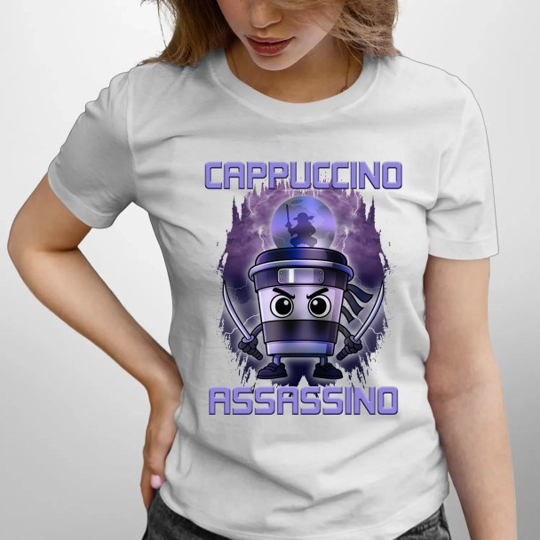 Cappuccino Assassino - Italian Brainrot - damska koszulka z nadrukiem