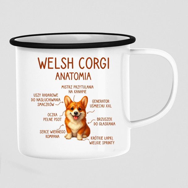 Welsh Corgi  - anatomia - kubek emaliowany z nadrukiem