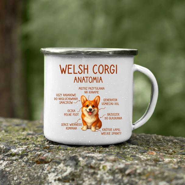 Welsh Corgi  - anatomia - kubek emaliowany z nadrukiem