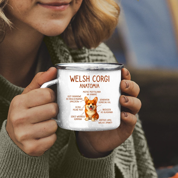 Welsh Corgi  - anatomia - kubek emaliowany z nadrukiem