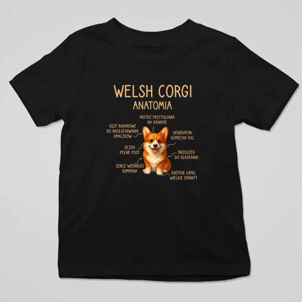 Welsh Corgi  - anatomia - dziecięca koszulka z nadrukiem