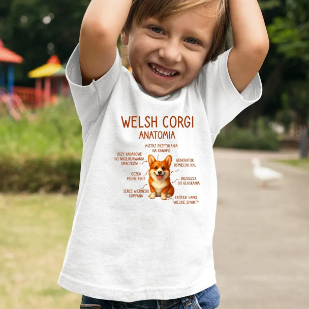 Welsh Corgi  - anatomia - dziecięca koszulka z nadrukiem