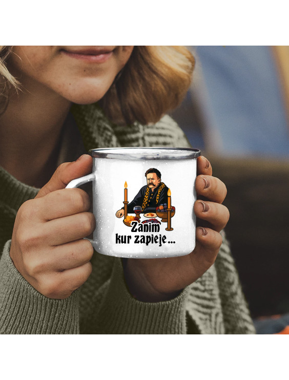 Zanim kur zapieje - kubek emaliowany z nadrukiem