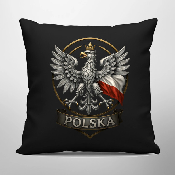 Polska - Orzeł Biały - czarna poduszka z nadrukiem