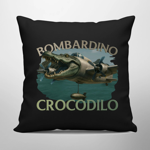 Bombardino Crocodilo - Italian Brainrot - czarna poduszka z nadrukiem