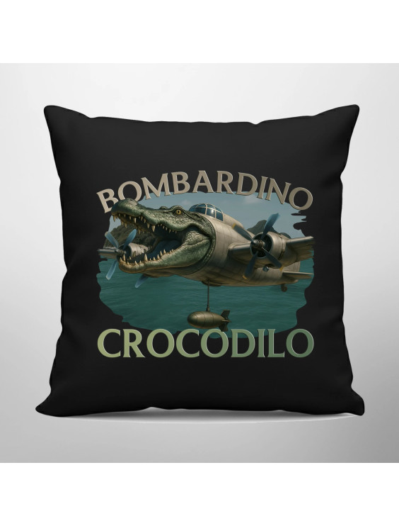 Bombardino Crocodilo - Italian Brainrot - czarna poduszka z nadrukiem