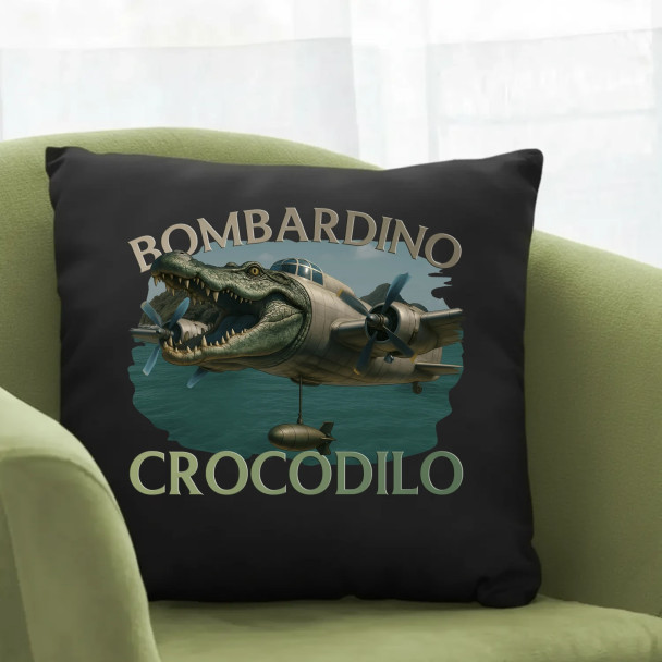 Bombardino Crocodilo - Italian Brainrot - czarna poduszka z nadrukiem