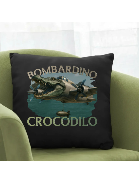 Bombardino Crocodilo - Italian Brainrot - czarna poduszka z nadrukiem