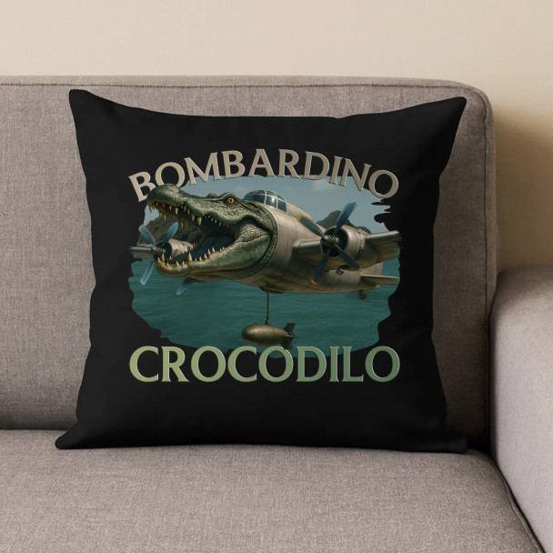Bombardino Crocodilo - Italian Brainrot - czarna poduszka z nadrukiem