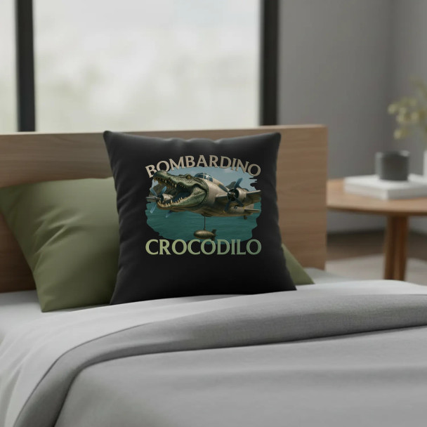 Bombardino Crocodilo - Italian Brainrot - czarna poduszka z nadrukiem