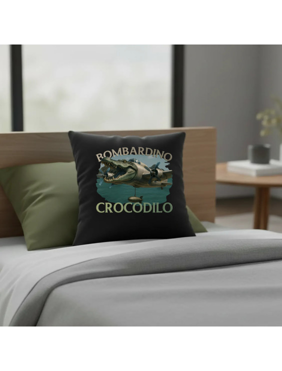 Bombardino Crocodilo - Italian Brainrot - czarna poduszka z nadrukiem