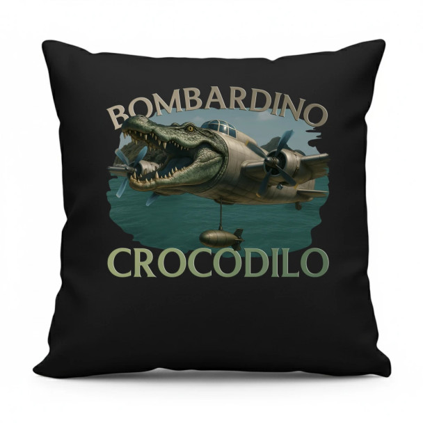 Bombardino Crocodilo - Italian Brainrot - czarna poduszka z nadrukiem